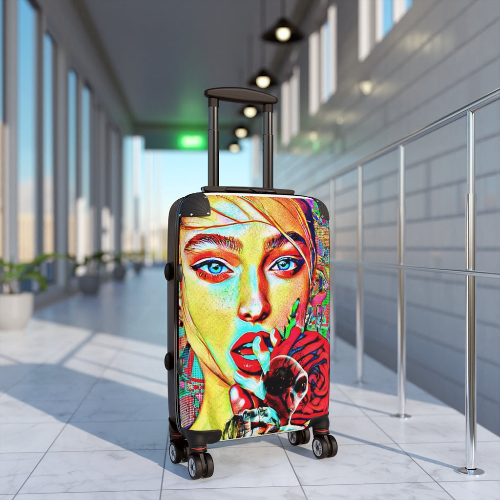 Geotrott Beautiful Girl Kissing Alien Graffiti Cabin Suitcase Extended Storage Adjustable Telescopic Handle Double Wheeled Polycarbonate Hard-Shell Built-In Lock
