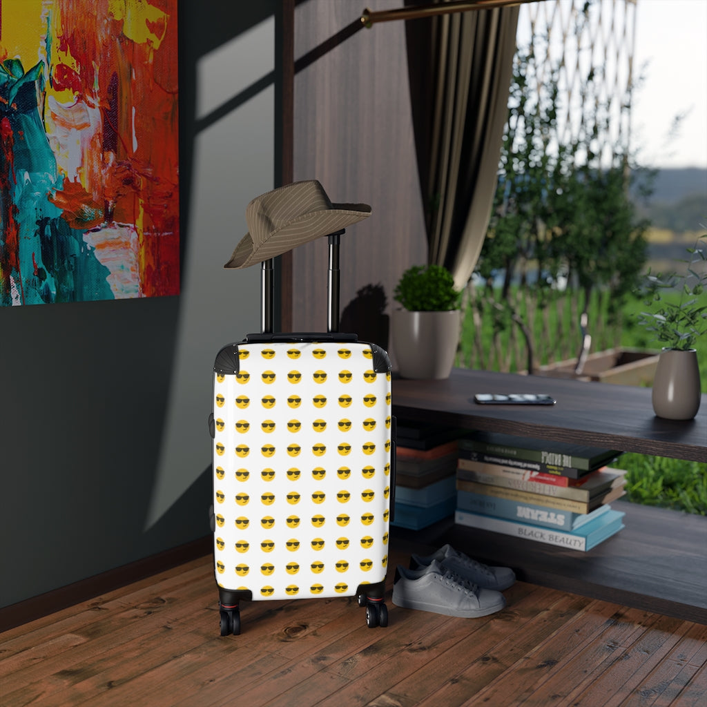Geotrott Emojis Smiling Face With Sunglasses Cabin Suitcase Extended Storage Adjustable Telescopic Handle Double Wheeled Polycarbonate Hard-Shell Built-In Lock