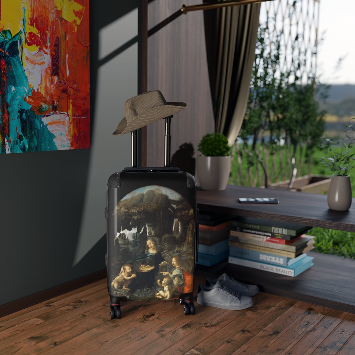 Getrott The Virgin of the Rocks by Leonardo Da Vinci Black Cabin Suitcase Extended Storage Adjustable Telescopic Handle Double wheeled Polycarbonate Hard-shell Built-in Lock-Bags-Geotrott