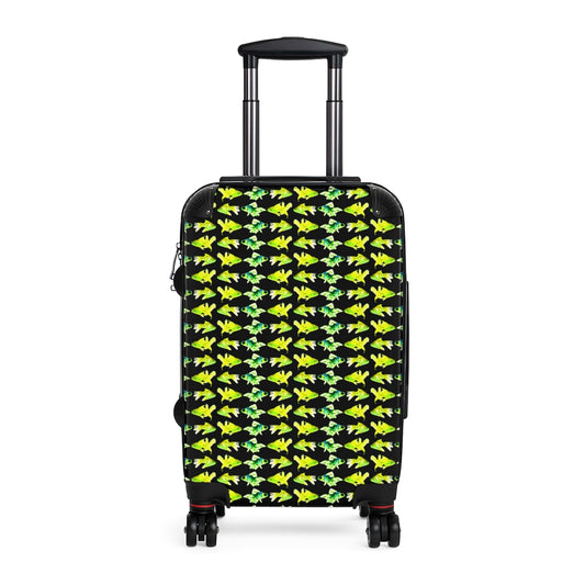 Geotrott Goldfish Green Pattern Black Cabin Suitcase Extended Storage Adjustable Telescopic Handle Double Wheeled Polycarbonate Hard-Shell Built-In Lock