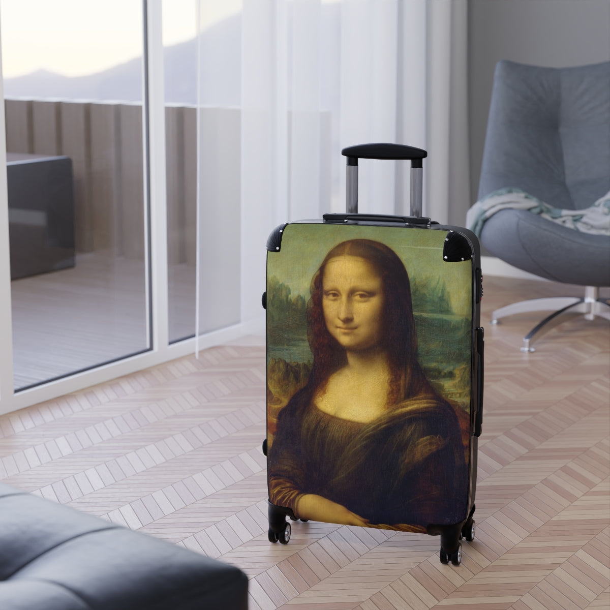 Getrott The Mona Lisa by Leonardo Da Vinci Black Cabin Suitcase Extended Storage Adjustable Telescopic Handle Double wheeled Polycarbonate Hard-shell Built-in Lock-Bags-Geotrott