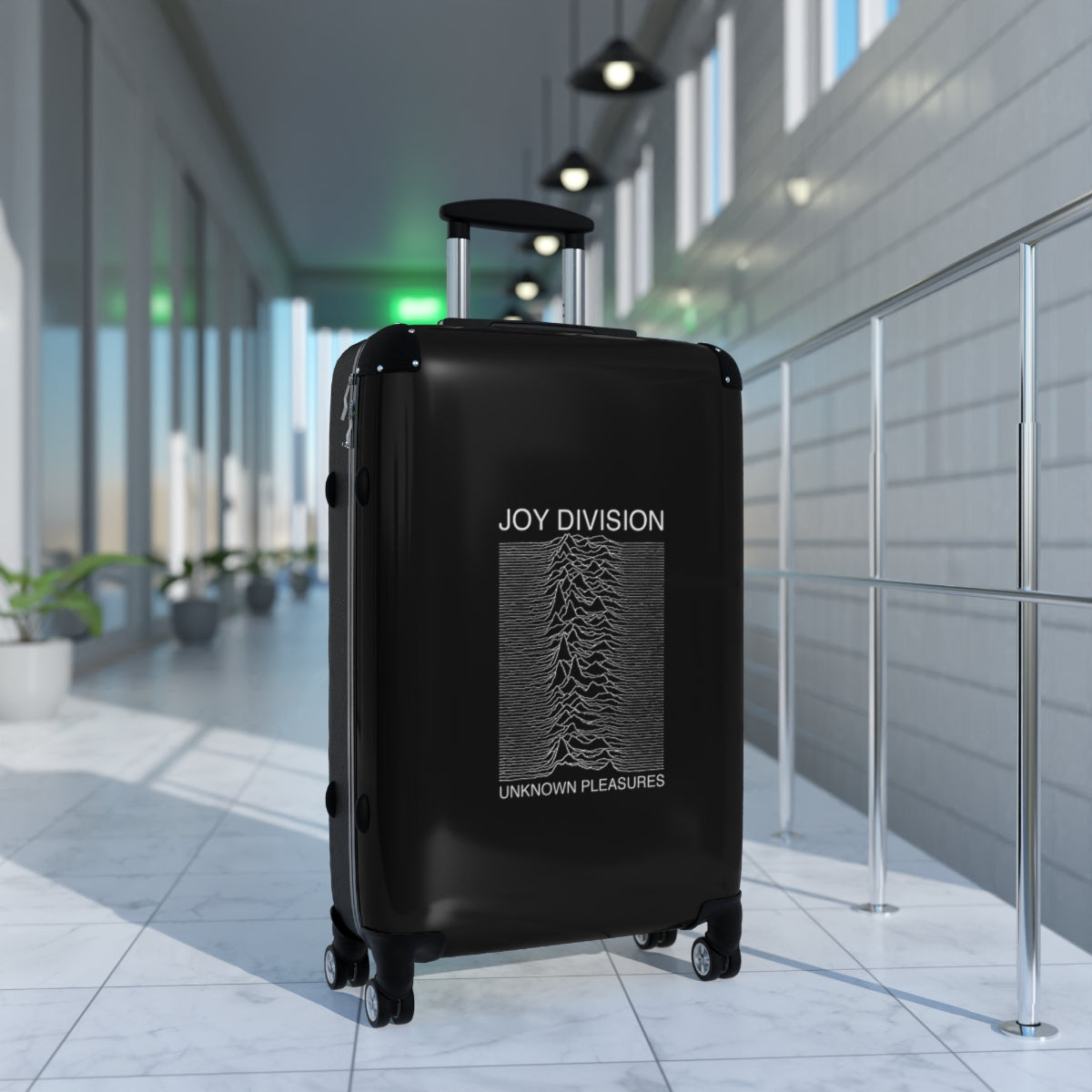 Geotrott Joy Division Unknown Pleasures 1979 Black Cabin Suitcase Extended Storage Adjustable Telescopic Handle Double Wheeled Polycarbonate Hard Shell Built In Lock
