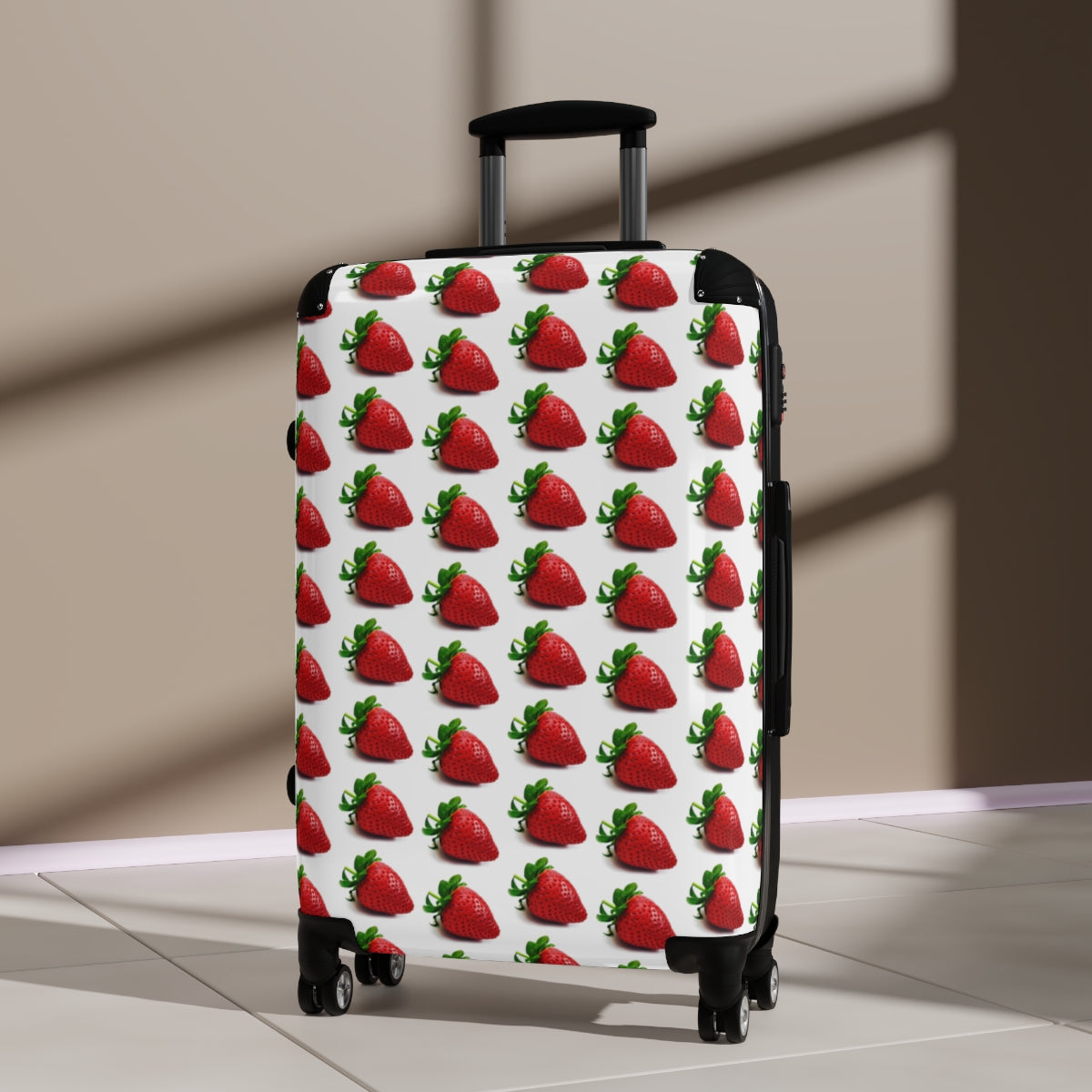 Geotrott Strawberry Fruit Pattern Cabin Suitcase Extended Storage Adjustable Telescopic Handle Double Wheeled Polycarbonate Hard-Shell Built-In Lock