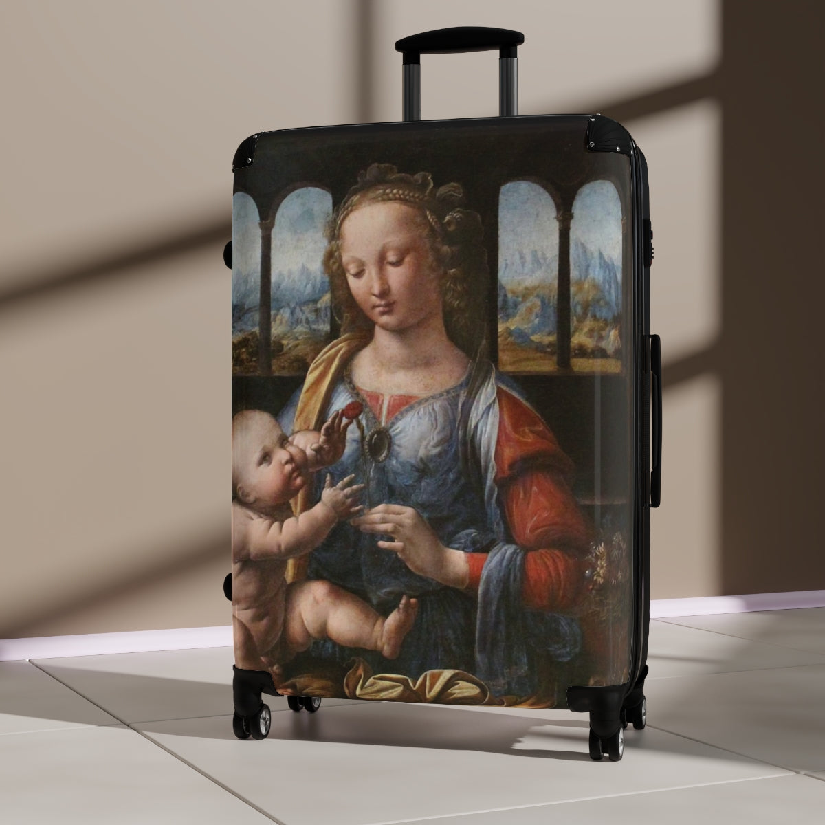 Getrott The Madonna of the Carnation by Leonardo Da Vinci Black Cabin Suitcase Extended Storage Adjustable Telescopic Handle Double wheeled Polycarbonate Hard-shell Built-in Lock-Bags-Geotrott