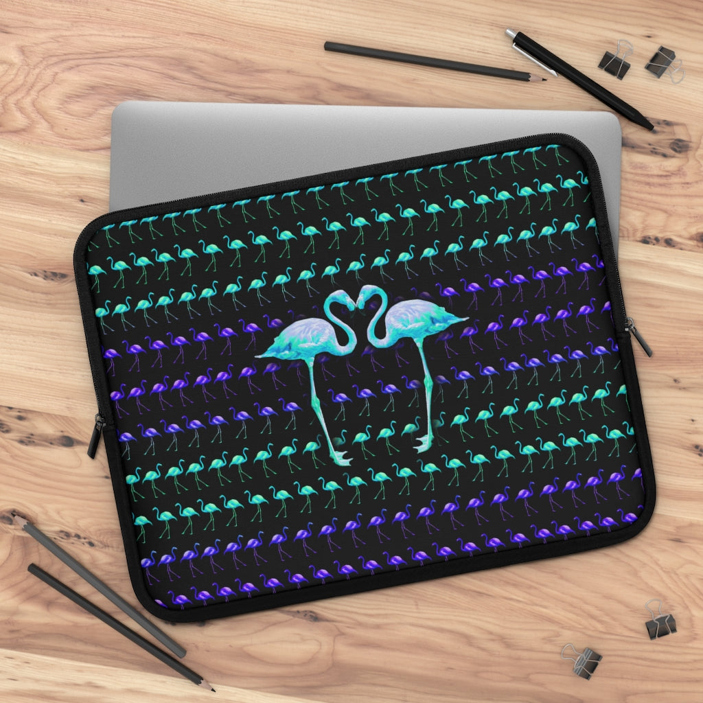 Getrott Green Purple Flamingos Kissing Pattern Black Laptop Sleeve-Laptop Sleeve-Geotrott