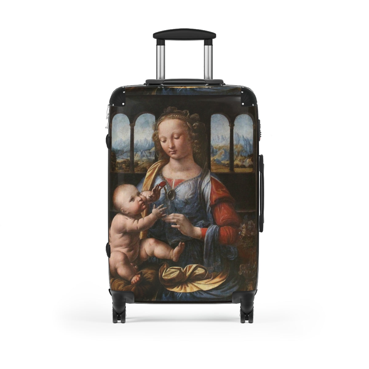 Geotrott Madonna Of The Carnation By Leonardo Da Vinci Black Cabin Suitcase Extended Storage Adjustable Telescopic Handle Double Wheeled Polycarbonate Hard-Shell Built-In Lock