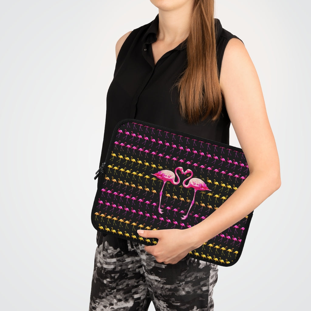 Getrott Pink Flamingo Birds Kissing Black Laptop Sleeve-Laptop Sleeve-Geotrott
