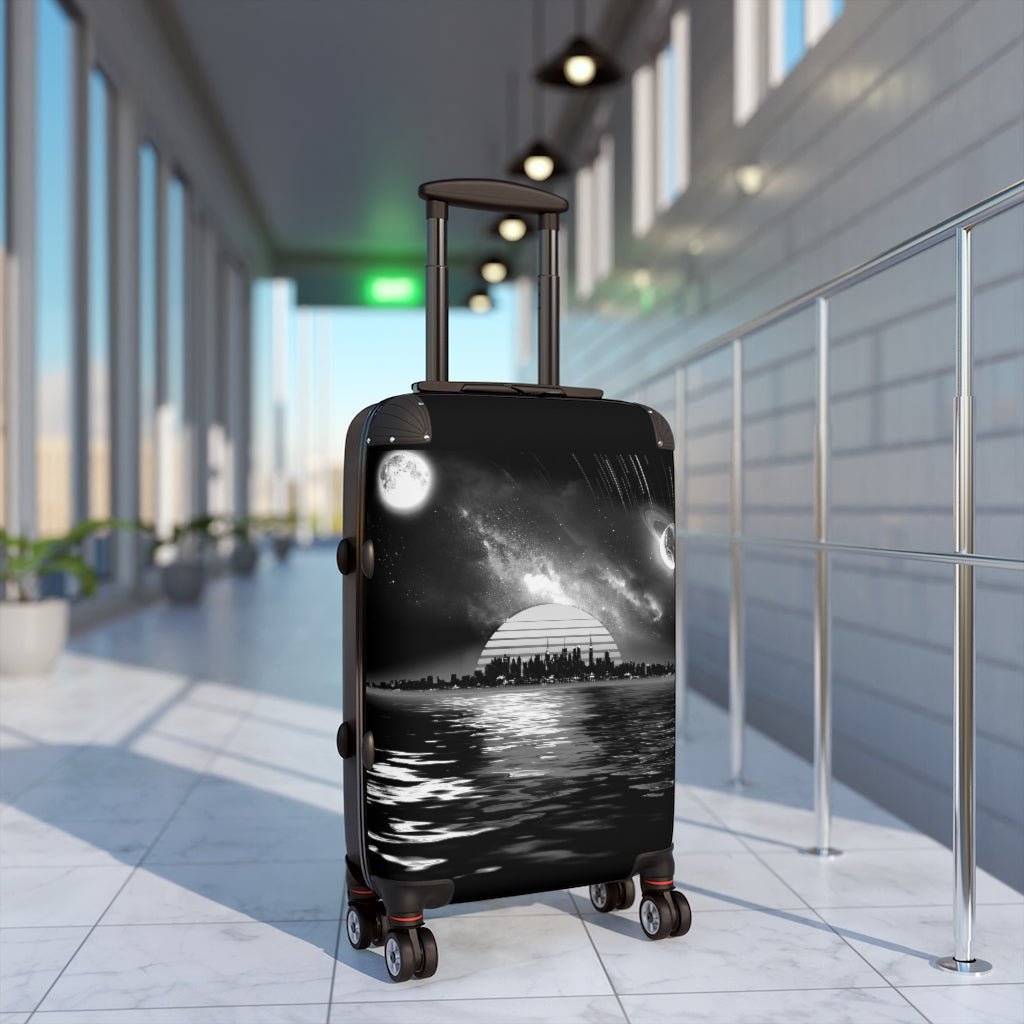 Getrott Space City Sunset Black White Cabin Luggage Inner Pockets Extended Storage Adjustable Telescopic Handle Inner Pockets Double wheeled Polycarbonate Hard-shell Built-in Lock