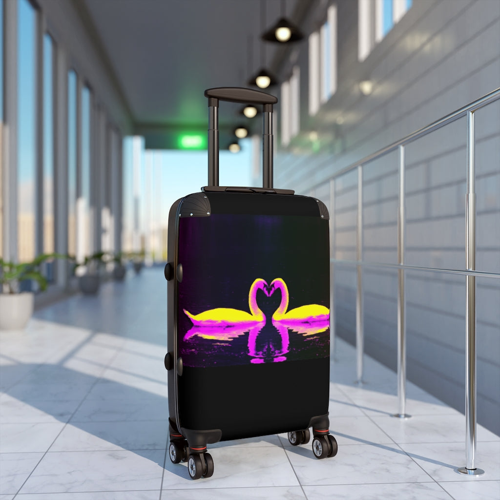 Geotrott Swans Kissing Black And Pink Art Cabin Suitcase Extended Storage Adjustable Telescopic Handle Double Wheeled Polycarbonate Hard-Shell Built-In Lock