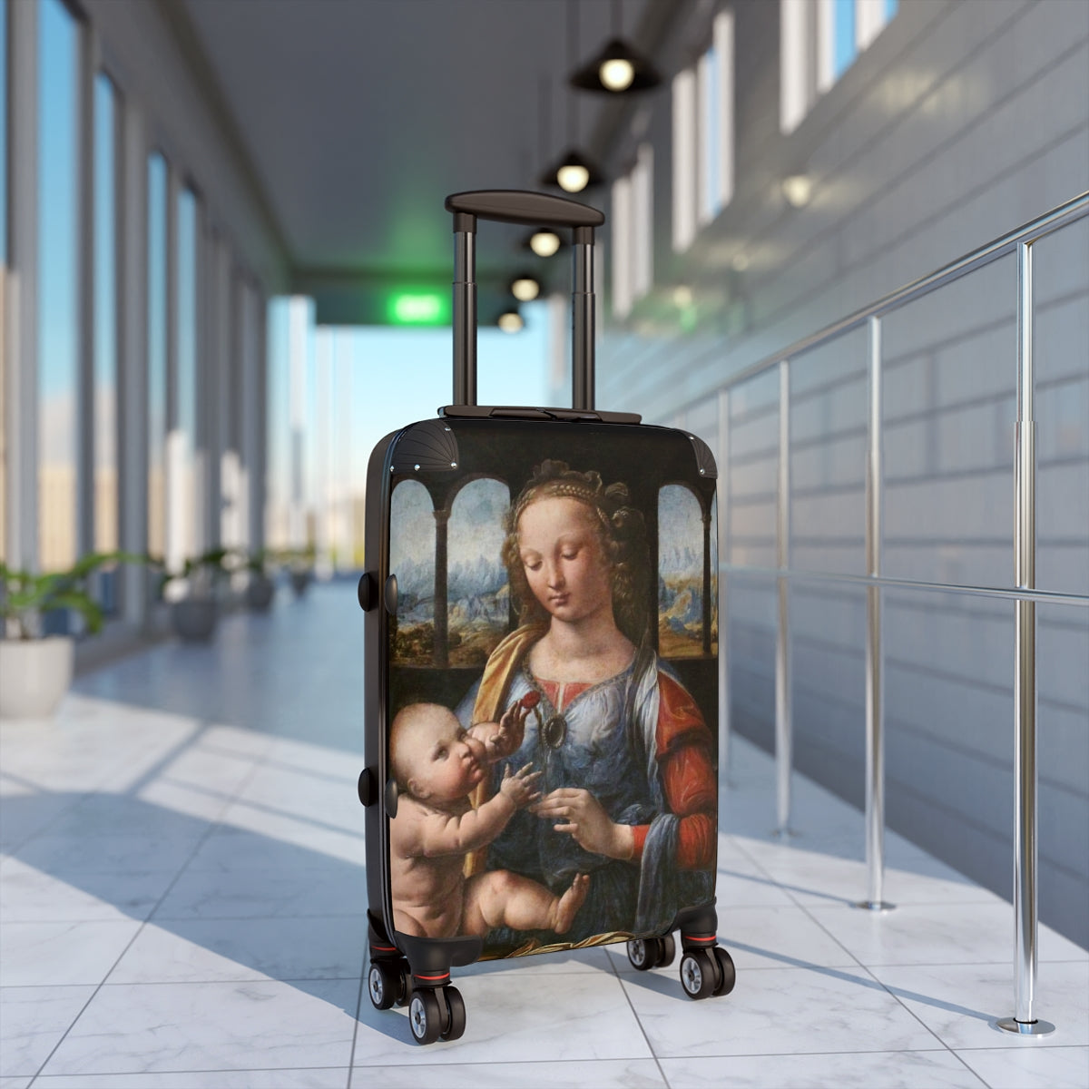 Getrott The Madonna of the Carnation by Leonardo Da Vinci Black Cabin Suitcase Extended Storage Adjustable Telescopic Handle Double wheeled Polycarbonate Hard-shell Built-in Lock-Bags-Geotrott