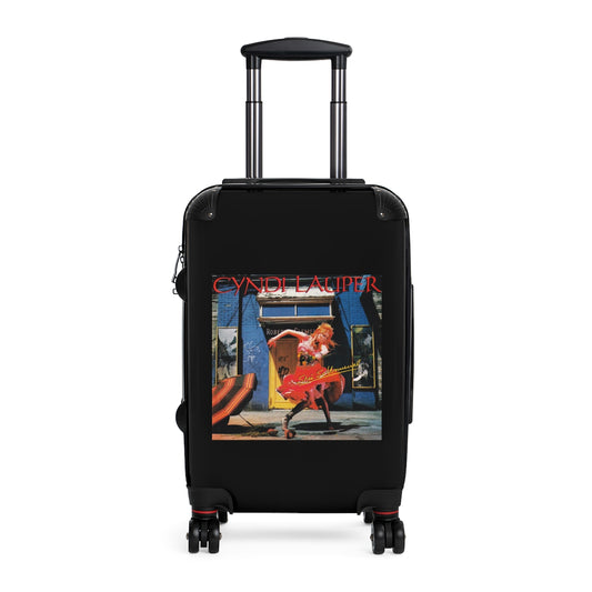 Geotrott Cyndi Lauper Shes So Unusual 1983 Black Cabin Suitcase Extended Storage Adjustable Telescopic Handle Double Wheeled Polycarbonate Hard Shell Built In Lock