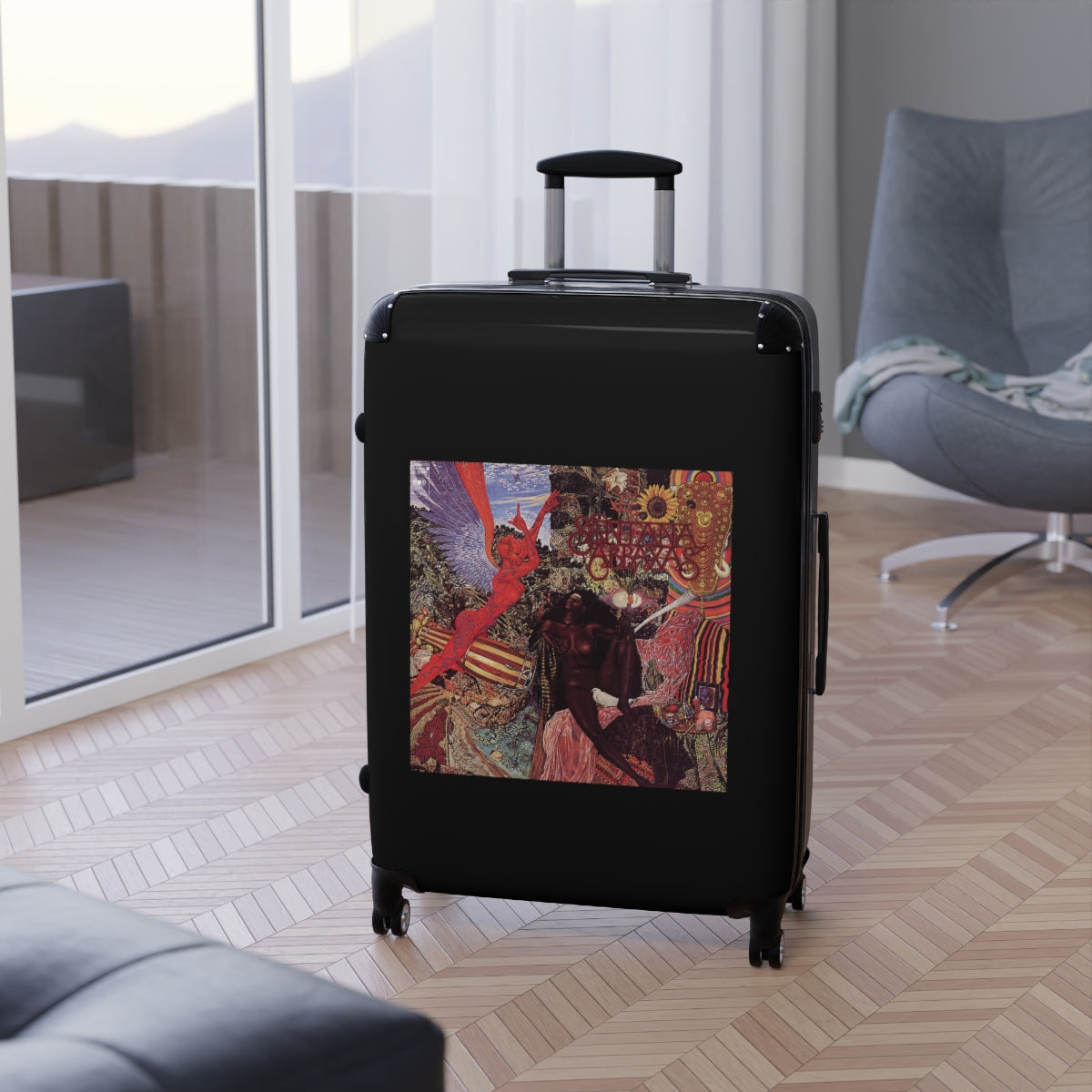 Geotrott Carlos Santana Abraxas 1970 Black Cabin Suitcase Extended Storage Adjustable Telescopic Handle Double Wheeled Polycarbonate Hard Shell Built In Lock