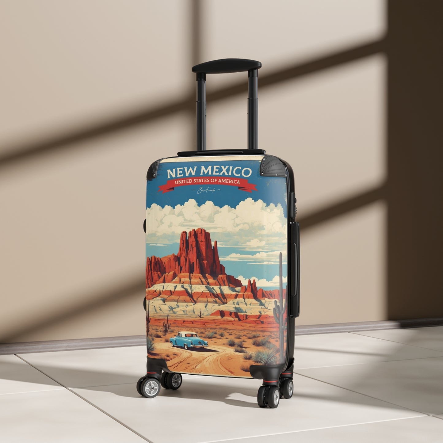 New Mexico's Red Rock Wonder: Vintage Southwest Travel Poster, Desert Landscape with Classic Car Vintage Travel Poster