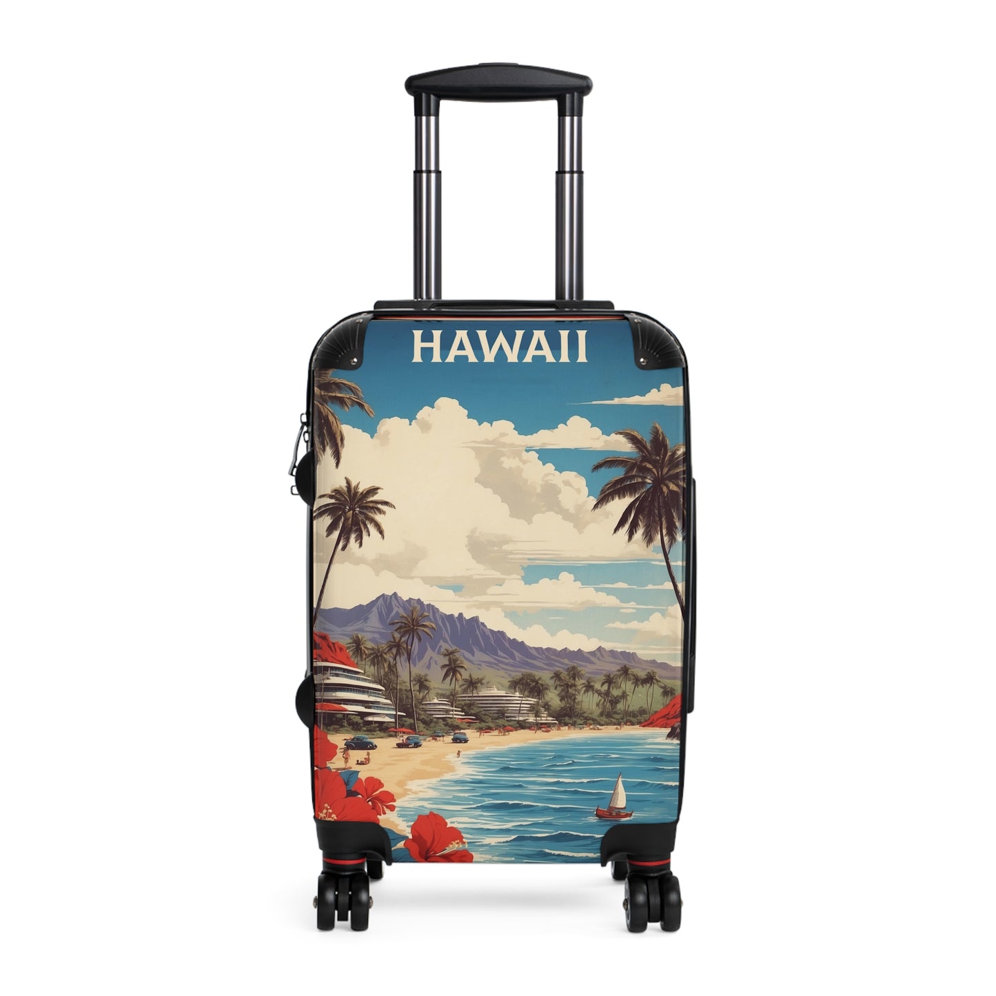 Paradise Found: Vintage Hawaii Travel Poster, Tropical Beach Scene with Classic Cars Vintage Travel Poster