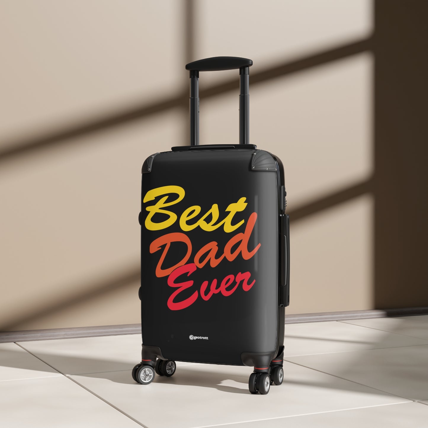 El mejor papá del mundo, emotivo e inspirador Día del padre, negro con letras amarillas, naranjas y rojas, bolsa de equipaje, maleta con ruedas, accesorios de viaje