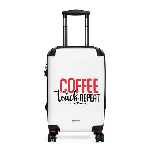 Maleta con ruedas y accesorios de viaje para enseñar a repetir el café, inspiradora y divertida