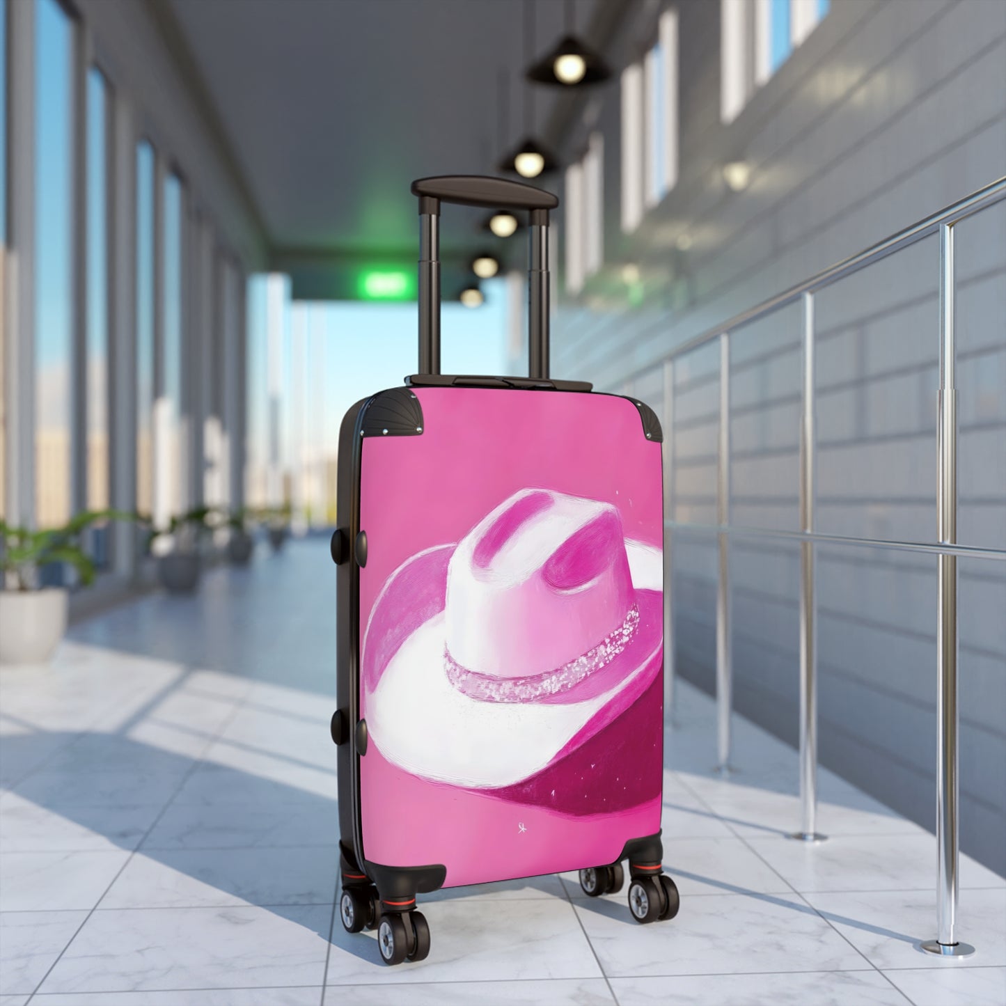 Hot Girly White Cowboy Hat On Pink Background Suitcase