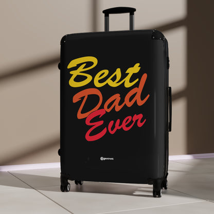 El mejor papá del mundo, emotivo e inspirador Día del padre, negro con letras amarillas, naranjas y rojas, bolsa de equipaje, maleta con ruedas, accesorios de viaje