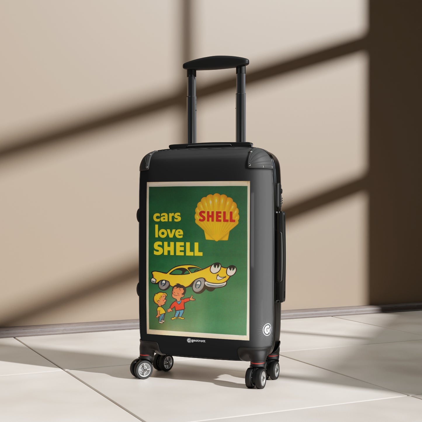 Car Loves Shell Gasoline Vintage Posters Retro Ad Luggage Bag Rolling Suitcase Spinner