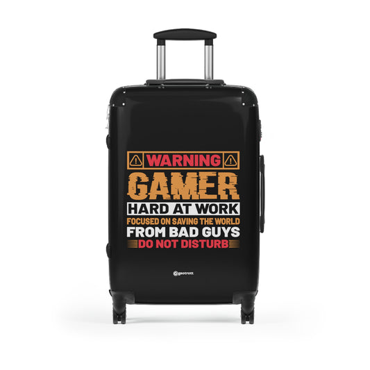 Warning Gamer Hard at Work Focused on saving the World from Bad Guys Do Not Disturb Gamer Gaming Suitcase-Bags-Geotrott