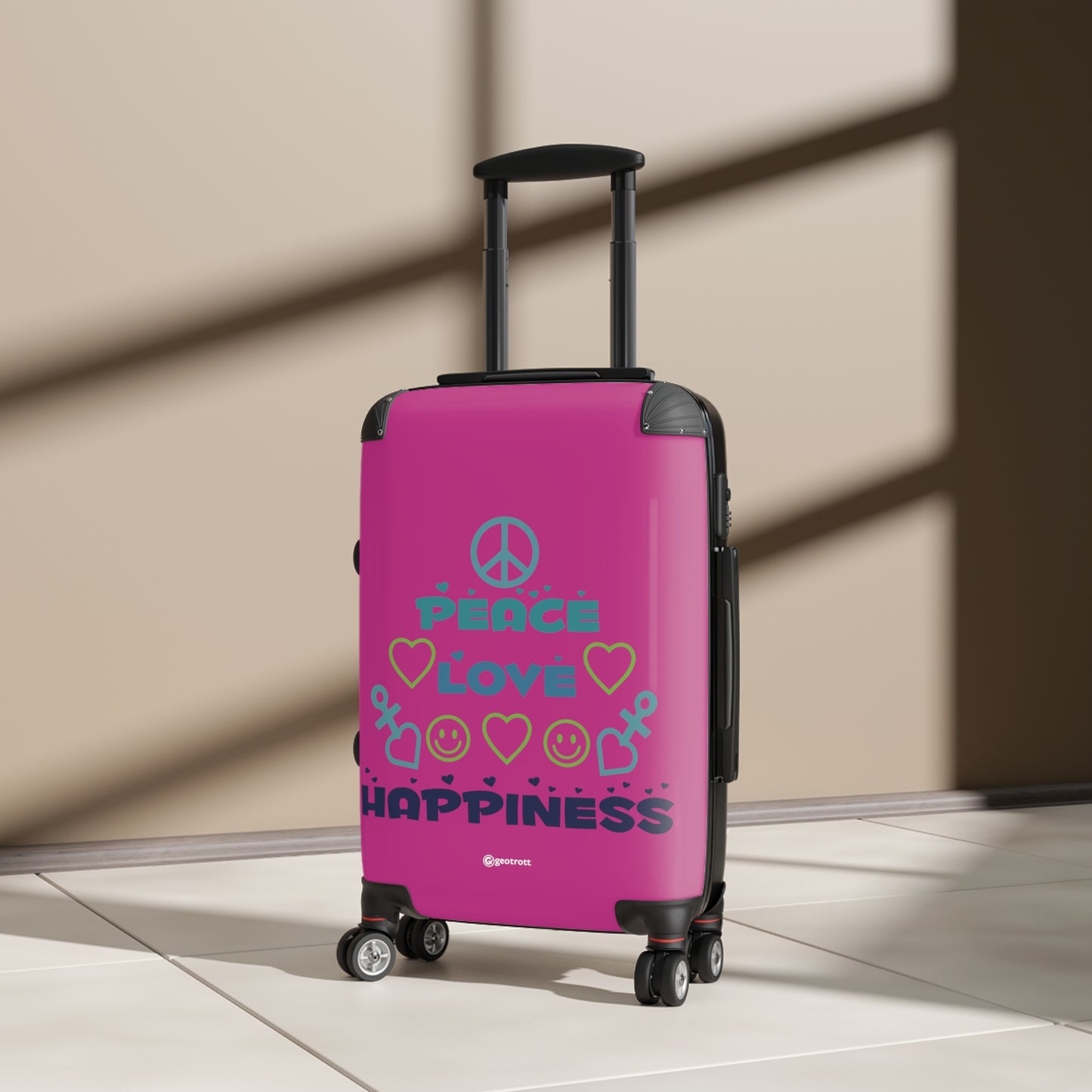 Emotive Inspirational Peace Love and Happiness Pink Luggage Bag Rolling Suitcase Spinner