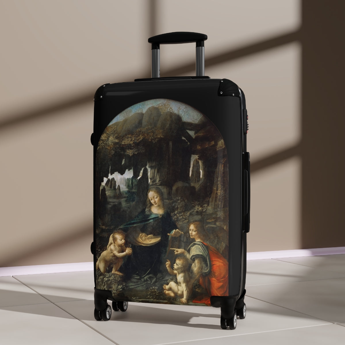 Getrott The Virgin of the Rocks by Leonardo Da Vinci Black Cabin Suitcase Extended Storage Adjustable Telescopic Handle Double wheeled Polycarbonate Hard-shell Built-in Lock-Bags-Geotrott