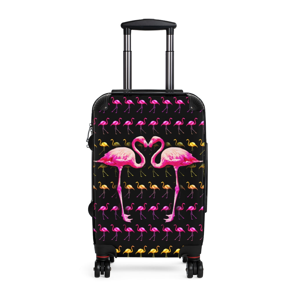 Getrott Pink Flamingos Kissing Black Cabin Luggage Inner Pockets Extended Storage Adjustable Telescopic Handle Inner Pockets Double wheeled Polycarbonate Hard-shell Built-in Lock
