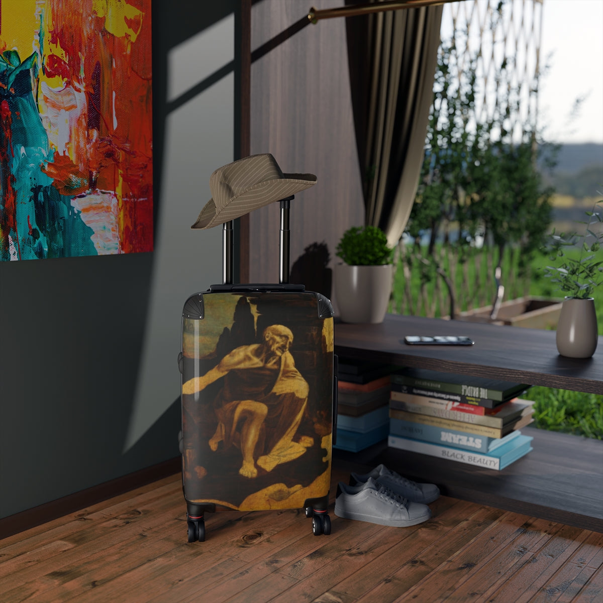 Getrott Saint Jerome in the Wilderness by Leonardo Da Vinci Black Cabin Suitcase Extended Storage Adjustable Telescopic Handle Double wheeled Polycarbonate Hard-shell Built-in Lock-Bags-Geotrott