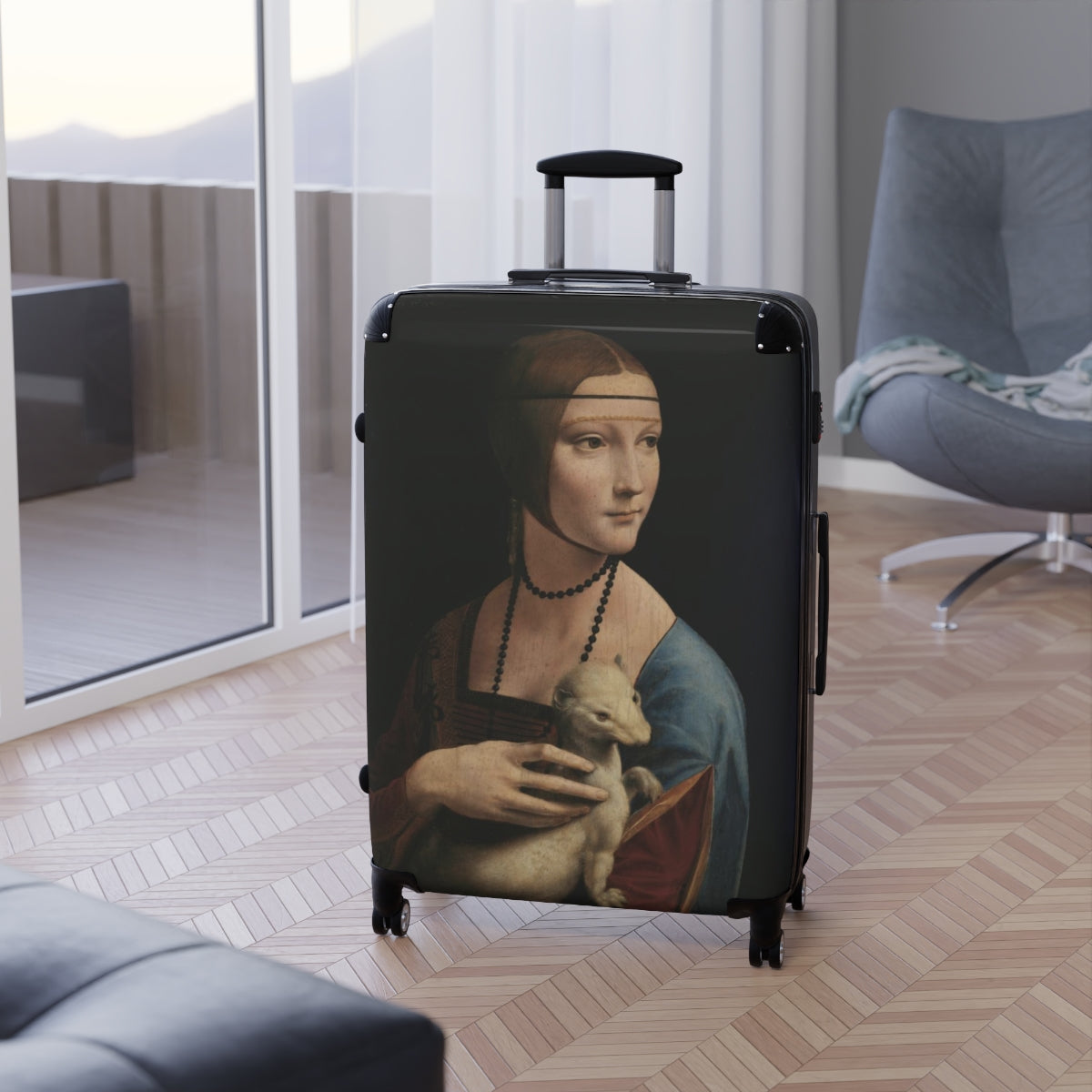 Getrott The Lady with an Ermine by Leonardo Da Vinci Black Cabin Suitcase Inner Pockets Extended Storage Adjustable Telescopic Handle Inner Pockets Double wheeled Polycarbonate Hard-shell Built-in Lock