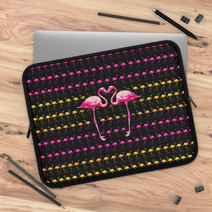 Getrott Pink Yellow Flamingos Kissing Pattern Black Laptop Sleeve