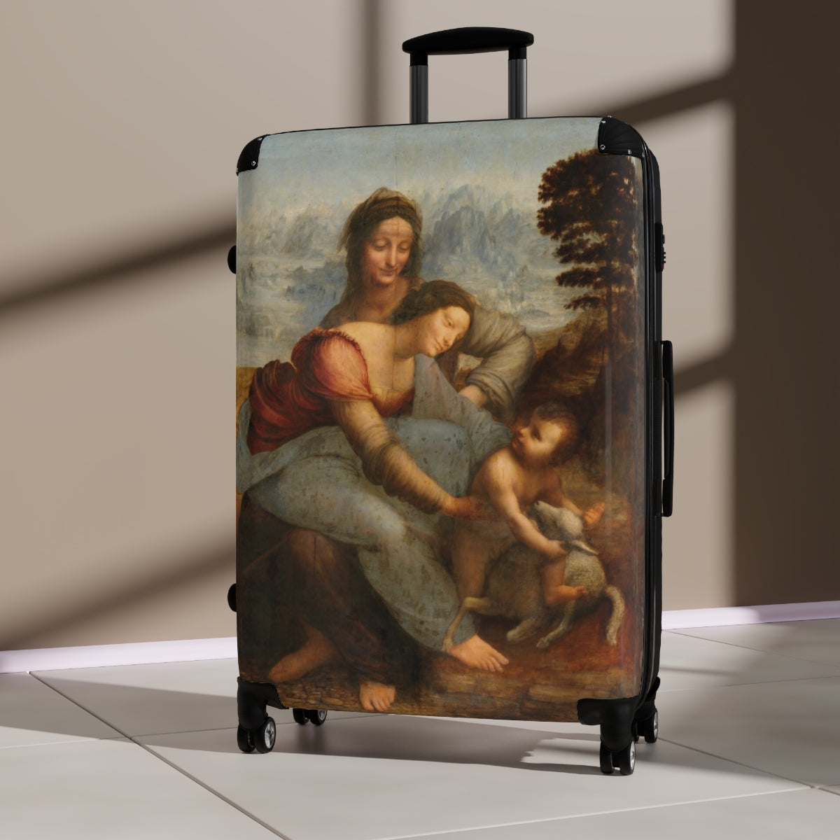 Getrott The Virgin and Child with Saint Anne by Leonardo Da Vinci Black Cabin Suitcase Inner Pockets Extended Storage Adjustable Telescopic Handle Inner Pockets Double wheeled Polycarbonate Hard-shell Built-in Lock