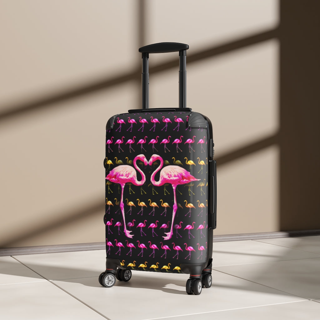 Getrott Pink Flamingos Kissing Black Cabin Luggage Inner Pockets Extended Storage Adjustable Telescopic Handle Inner Pockets Double wheeled Polycarbonate Hard-shell Built-in Lock