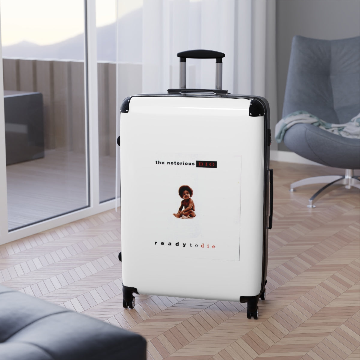 Getrott The Notorious BIG Ready To Die White Cabin Suitcase Extended Storage Adjustable Telescopic Handle Double wheeled Polycarbonate Hard-shell Built-in Lock-Bags-Geotrott