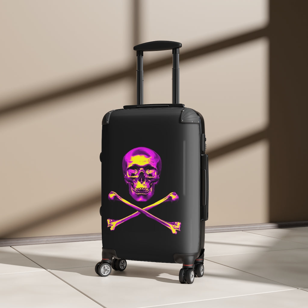 Getrott Black Pink Skull & Bones Emblem Cabin Suitcase Inner Pockets Extended Storage Adjustable Telescopic Handle Inner Pockets Double wheeled Polycarbonate Hard-shell Built-in Lock