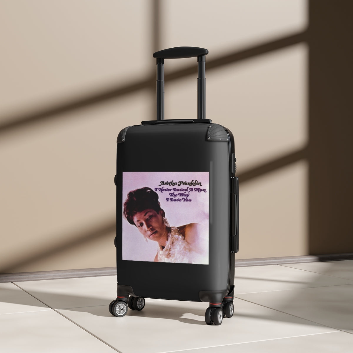 Getrott Aretha Franklyn I Never Loved a Man The Way that I Love You Black Cabin Suitcase Inner Pockets Extended Storage Adjustable Telescopic Handle Inner Pockets Double wheeled Polycarbonate Hard-shell Built-in Lock
