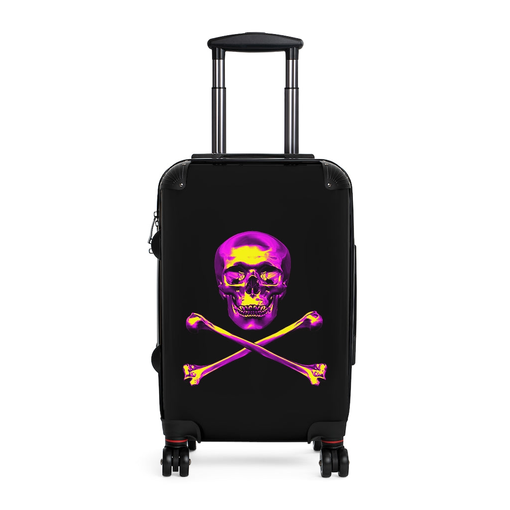 Getrott Black Pink Skull & Bones Emblem Cabin Suitcase Inner Pockets Extended Storage Adjustable Telescopic Handle Inner Pockets Double wheeled Polycarbonate Hard-shell Built-in Lock