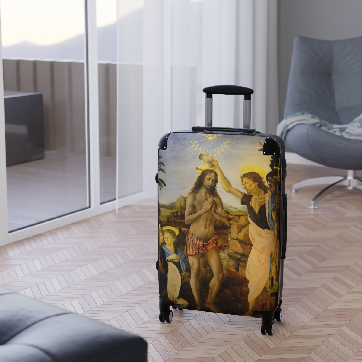 Getrott The Baptism of Christ (Verrocchio and Leonardo) Black Cabin Suitcase Extended Storage Adjustable Telescopic Handle Double wheeled Polycarbonate Hard-shell Built-in Lock-Bags-Geotrott