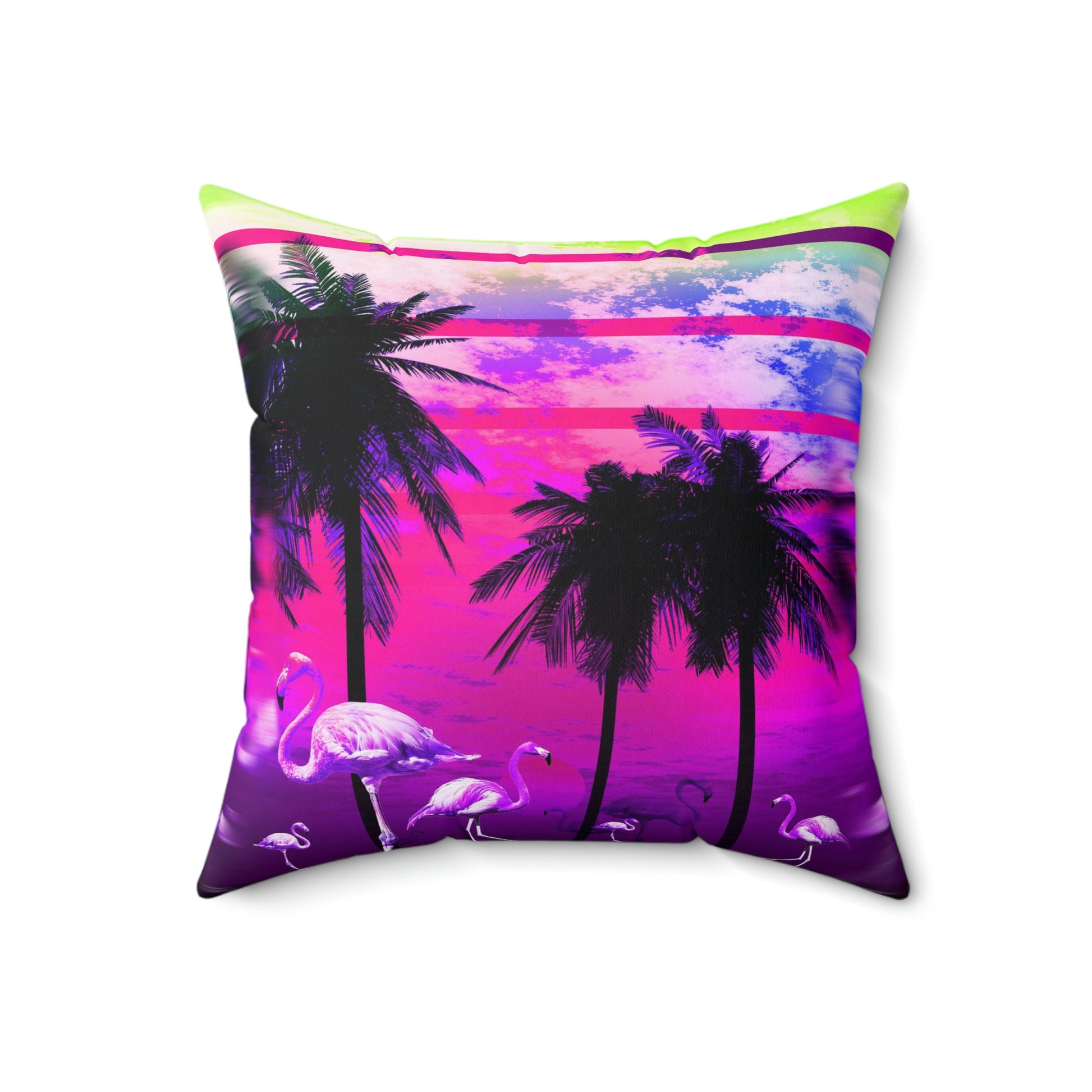 Geotrott Fantastic Pink Sunset with Palms and Flamingos Pink Spun Polyester Square Pillow
