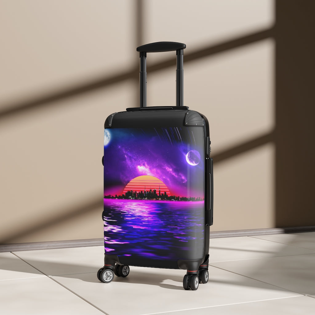 Getrott Space City Sunset Purple Black Cabin Luggage Inner Pockets Extended Storage Adjustable Telescopic Handle Inner Pockets Double wheeled Polycarbonate Hard-shell Built-in Lock