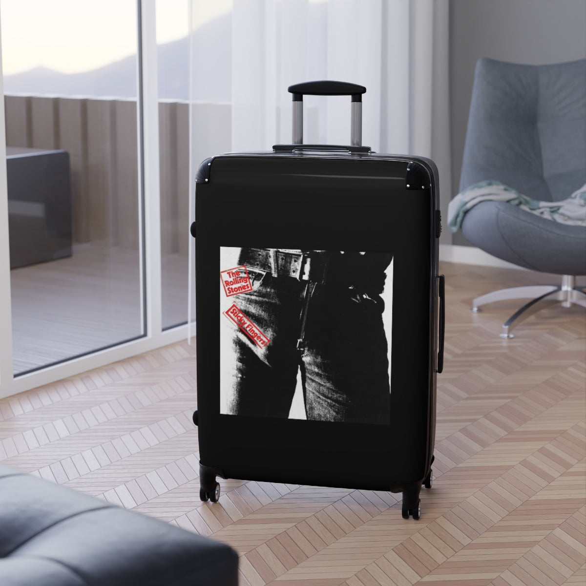 Getrott The Rolling Stones Sticky Fingers 1971 Black Cabin Suitcase Inner Pockets Extended Storage Adjustable Telescopic Handle Inner Pockets Double wheeled Polycarbonate Hard-shell Built-in Lock