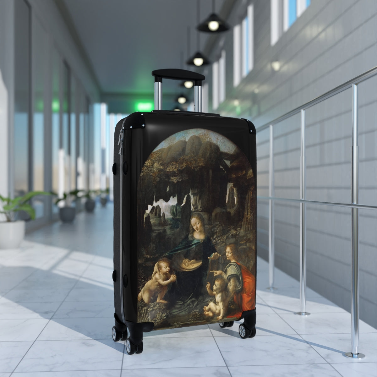 Getrott The Virgin of the Rocks by Leonardo Da Vinci Black Cabin Suitcase Extended Storage Adjustable Telescopic Handle Double wheeled Polycarbonate Hard-shell Built-in Lock-Bags-Geotrott