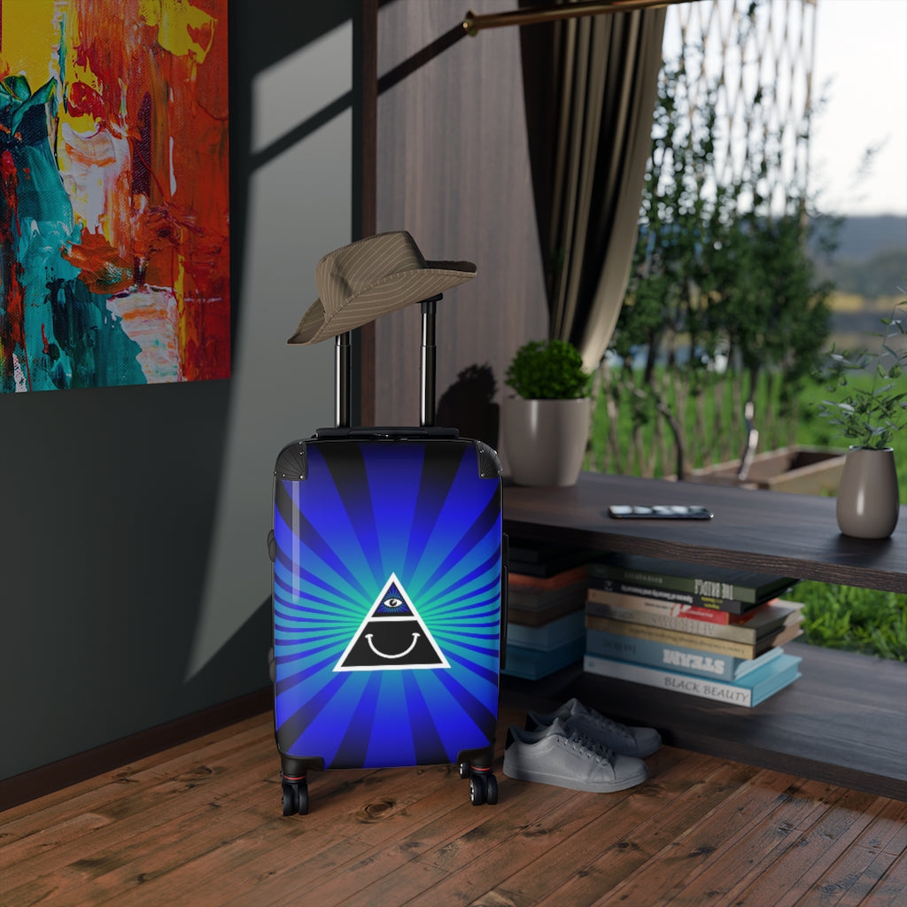 Getrott Illuminati Triangle Happy Face Blue Cabin Suitcase Inner Pockets Extended Storage Adjustable Telescopic Handle Inner Pockets Double wheeled Polycarbonate Hard-shell Built-in Lock