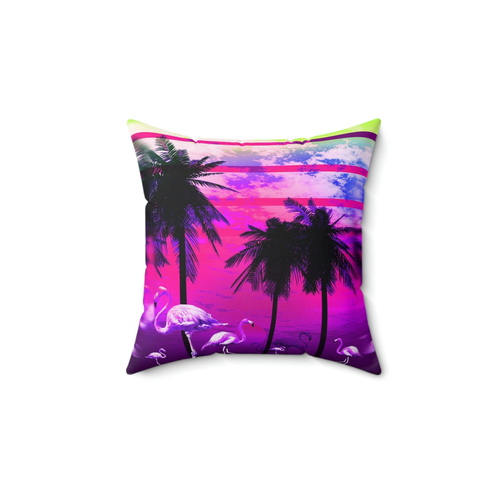 Geotrott Fantastic Pink Sunset with Palms and Flamingos Pink Spun Polyester Square Pillow-Home Decor-Geotrott