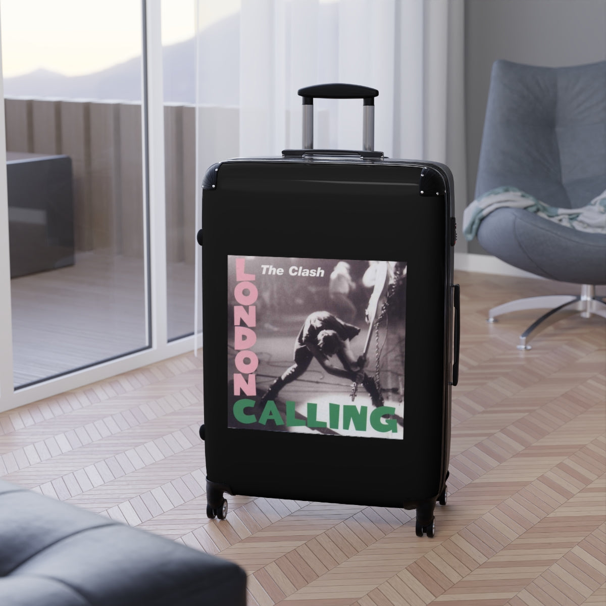 Getrott The Clash London Calling 1979 Black Cabin Suitcase Inner Pockets Extended Storage Adjustable Telescopic Handle Inner Pockets Double wheeled Polycarbonate Hard-shell Built-in Lock