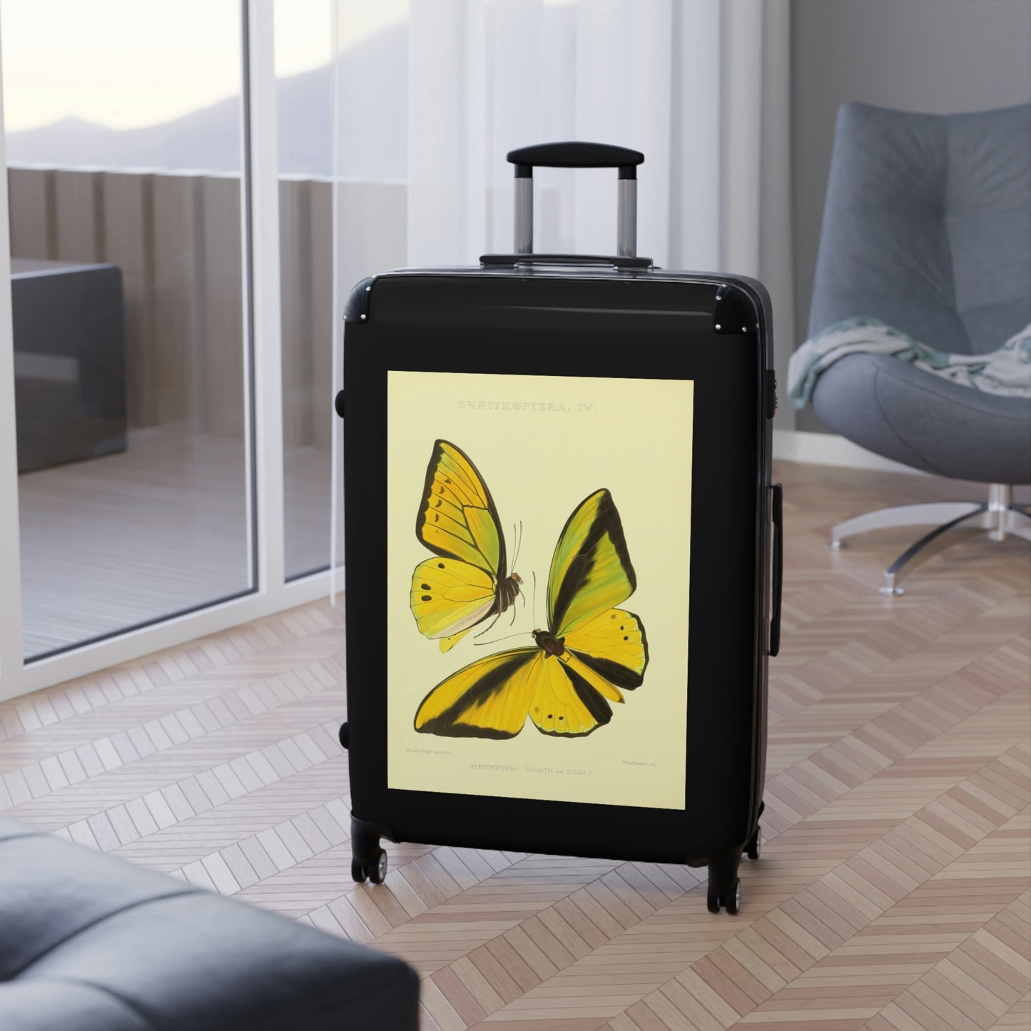 Getrott Yellow Butterfly Ornithoptera Goliath var Titan Black Cabin Suitcase Extended Storage Adjustable Telescopic Handle Double wheeled Polycarbonate Hard-shell Built-in Lock-Bags-Geotrott