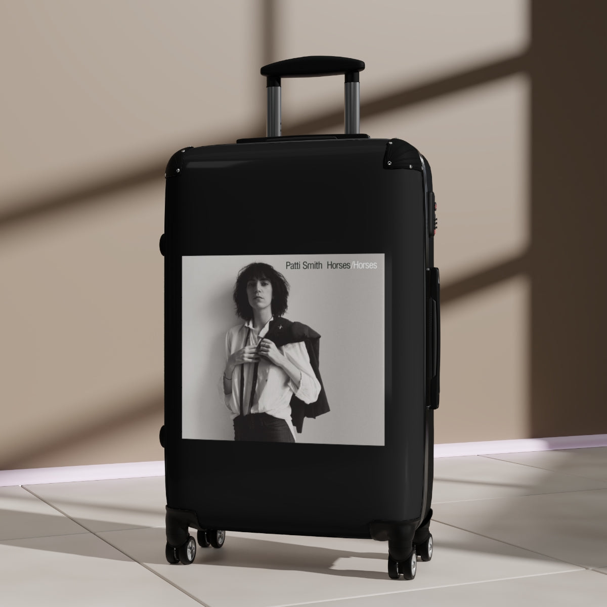 Getrott Patti Smith Horses 1975 Black Cabin Suitcase Inner Pockets Extended Storage Adjustable Telescopic Handle Inner Pockets Double wheeled Polycarbonate Hard-shell Built-in Lock