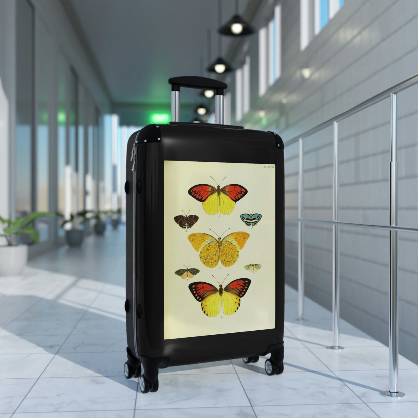 Getrott Butterflies Black Red Yellow Cabin Suitcase Rolling Luggage Extended Storage Adjustable Telescopic Handle Double wheeled Polycarbonate Hard-shell Built-in Lock-Bags-Geotrott