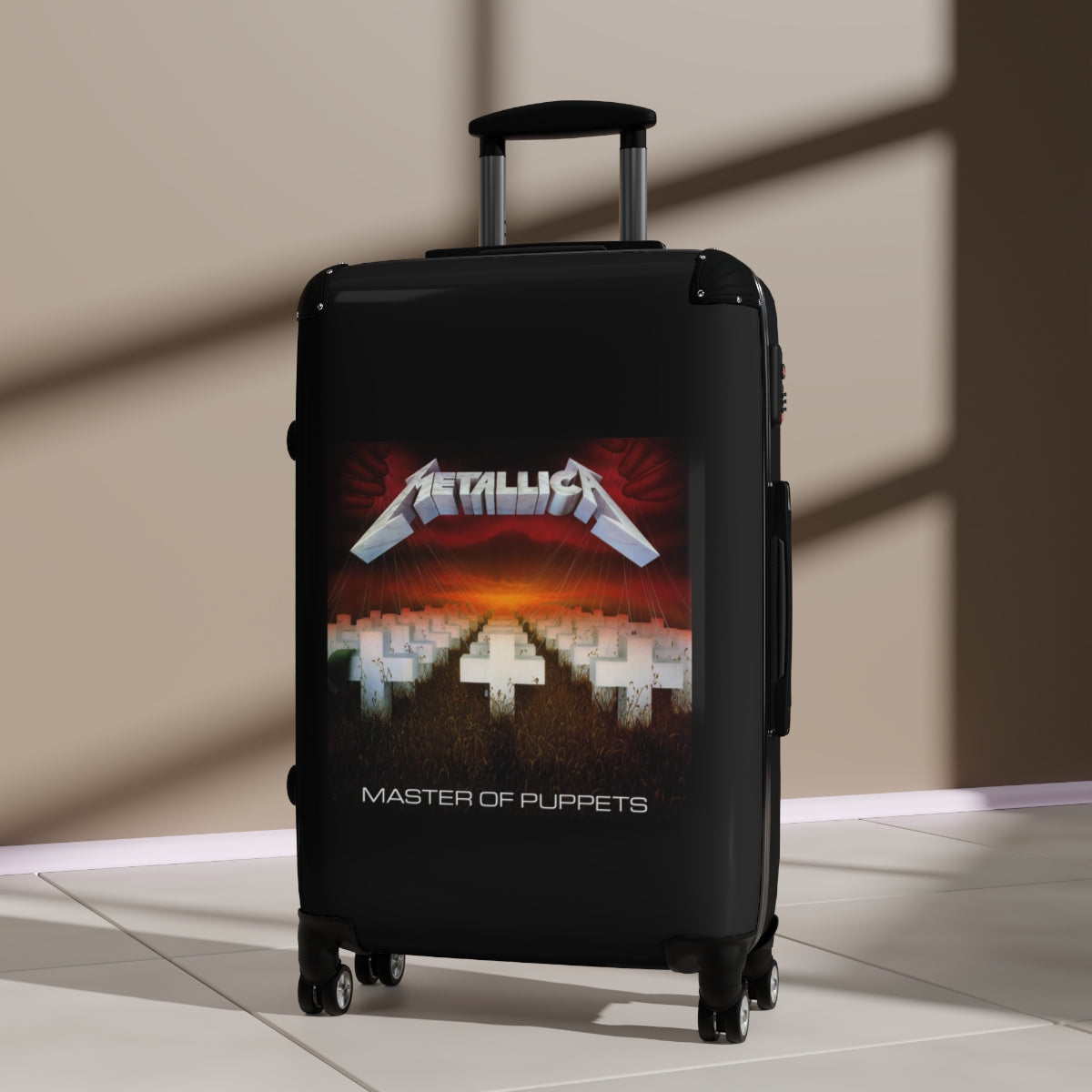 Getrott Metallica Master of Puppets 1986 Black Cabin Suitcase Inner Pockets Extended Storage Adjustable Telescopic Handle Inner Pockets Double wheeled Polycarbonate Hard-shell Built-in Lock