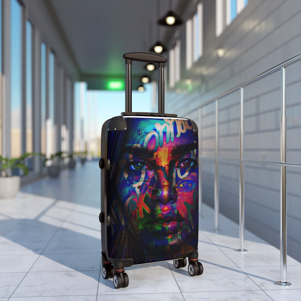 Getrott Super Model Face Graffiti Cabin Suitcase by Eddy Bogaert Inner Pockets Extended Storage Adjustable Telescopic Handle Inner Pockets Double wheeled Polycarbonate Hard-shell Built-in Lock