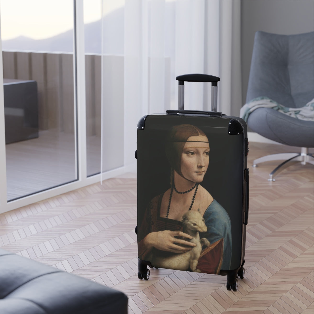 Getrott The Lady with an Ermine by Leonardo Da Vinci Black Cabin Suitcase Extended Storage Adjustable Telescopic Handle Double wheeled Polycarbonate Hard-shell Built-in Lock-Bags-Geotrott